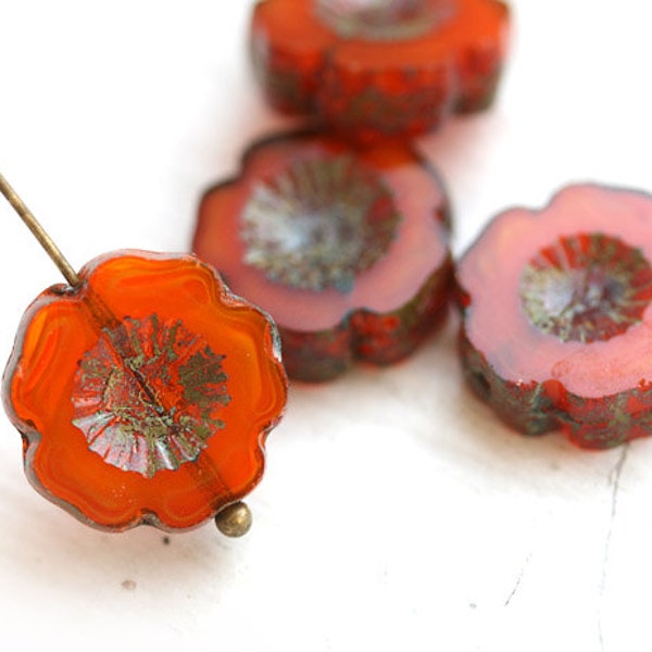 Pansy Flower beads - dark Orange, picasso, rustic - czech glass flat daisy, 14mm - 4Pc - 1482