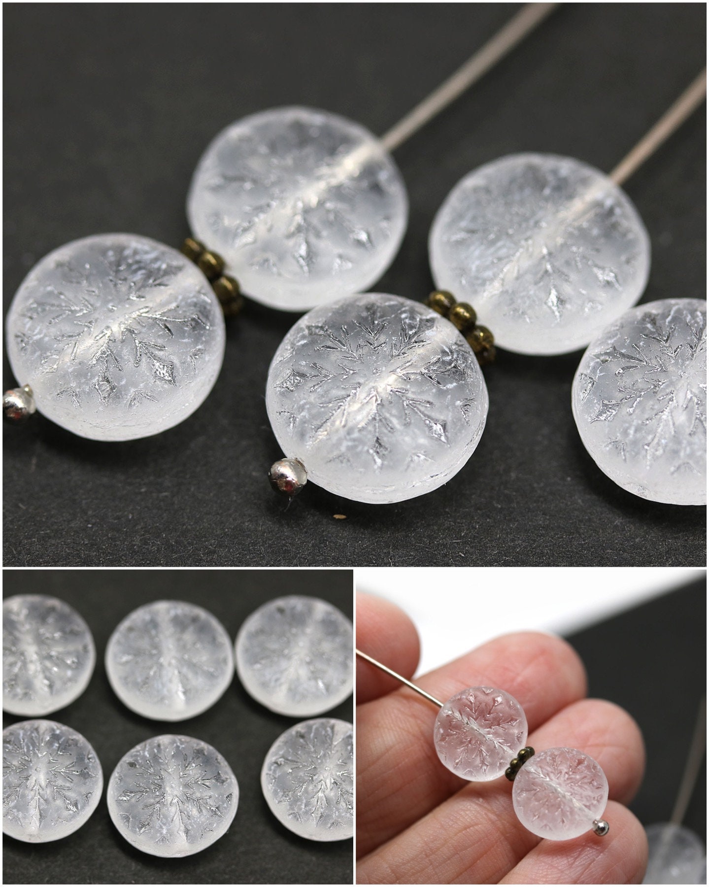 Frosted Glass Snowflake Beads Czech Glass Winter Beads for Jewelry Making  6pc 