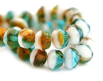 Czech Glass Rondelle Beads: Blue, Topaz, White Mix (6x8mm, 15pc)