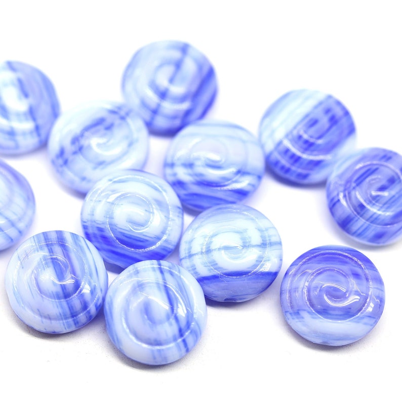 Blue shell spiral beads White blue Czech glass seashells nautilus 13mm 6Pc 1211 image 1