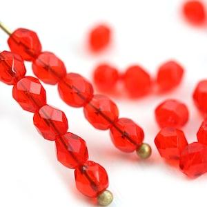 Light Siam Ruby Czech Glass Beads: 4mm Faceted Fire Polished Spacers (50Pc)