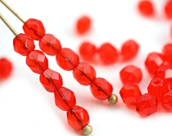 Light Siam Ruby Czech Glass Beads: 4mm Faceted Fire Polished Spacers (50Pc)