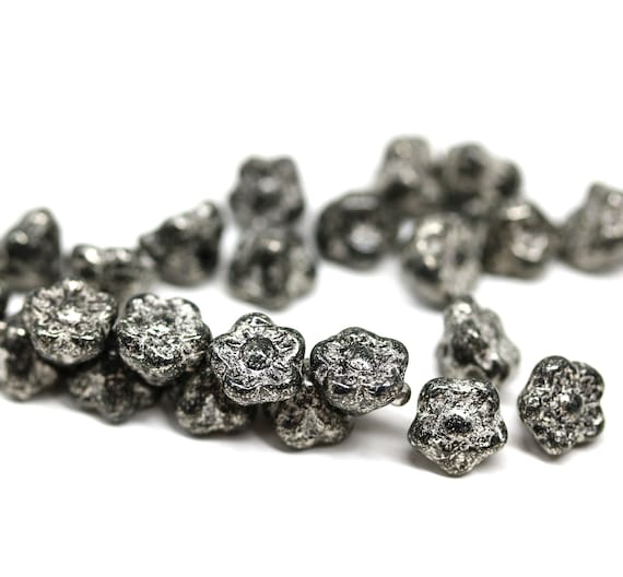 25pc Black Button Style Flower Beads Silver Wash Black Czech - Etsy