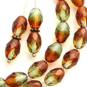 11x8mm Brown Green barrel beads, Topaz Olive shaped czech glass fire polished oval beads - 20Pc - 2491
