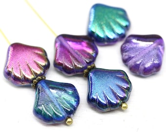 Large scalloped shell Metallic shine Czech glass beads 14mm, 6Pc - 6102