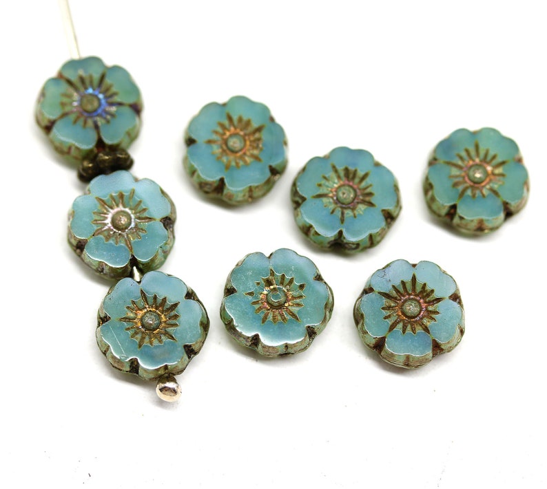 8mm Hibiscus flower Czech glass pink floral green turquoise daisy picasso beads Opal / picasso