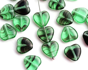 10mm Green Heart beads, Striped Green czech glass pressed beads, green and black 20Pc - 2685