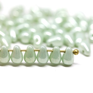 4x6mm Sage green teardrop beads, Light green Tiny czech glass drops small top drilled drops 50Pc - 2845