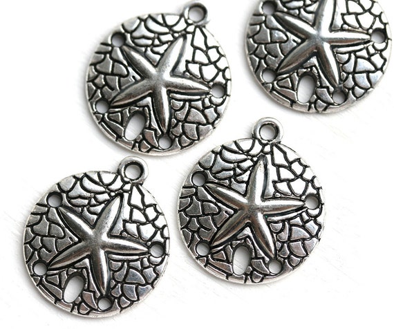4pc Antique Silver Sand Dollar Charms: Tibetan Alloy Pendants (23x20mm)