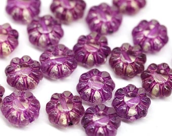 9mm Pink daisy flower beads purple inlays Czech glass floral beads 20Pc - 3934