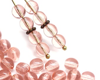 Light pink czech glass beads 6mm round druk peach pink beads, 40pc - 1119