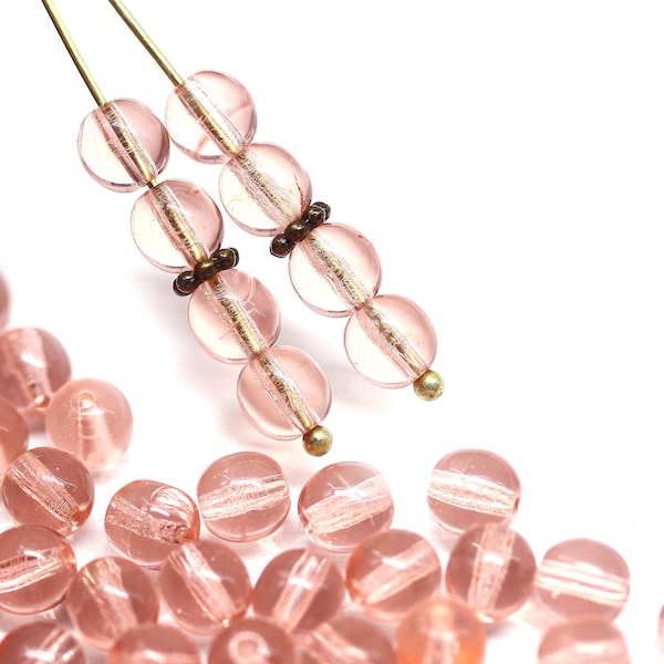 Light pink czech glass beads 6mm round druk peach pink beads, 40pc - 1119