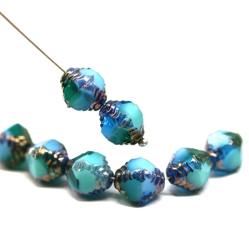 10x8mm Blue green bicone fire polished czech glass beads old patina, 8Pc 5651 image 8