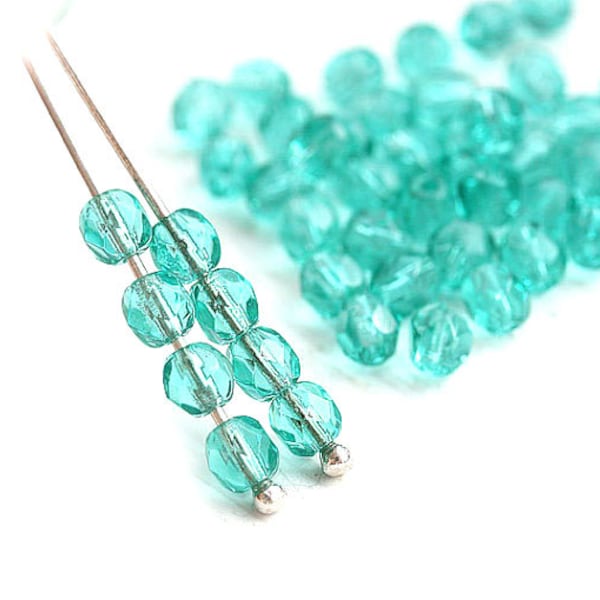 4mm Light Teal Fire polished czech glass beads Seafoam Green faceted round spacers Light green beads - 50Pc - 1110