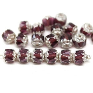 6mm Purple cathedral beads silver ends Czech glass round fire polished 20Pc - 6087