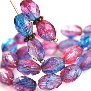 20pc Czech Glass Barrel Beads: Pink, Purple, & Blue Fire Polished Oval Beads (9x6mm)