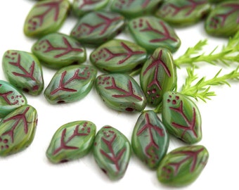 12x7mm Picasso Green Leaf beads Czech glass green brown pressed leaves top drilled beads - 25Pc - 1291