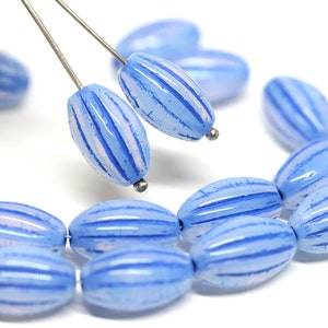 Opal Blue oval beads Carved Large czech glass barrel beads Long pressed beads 14x8mm - 8Pc - 0894