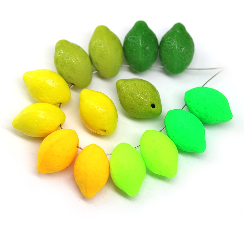 Lemon beads Czech glass lime fruit beads Vegan jewelry 14x10mm image 1