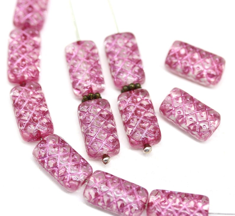 13x7mm Pink ornament rectangle pillow czech glass beads, 12pc 0915 image 1