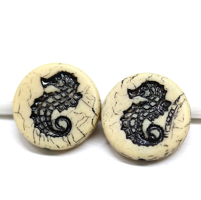 23mm Large seahorse beads Black seahorse czech glass beads Nautical beads 2Pc 1918 image 1