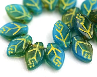 12x7mm Mixed Teal Green Blue Leaf beads, Yellow Inlays, Czech glass pressed leaves, top drilled - 25Pc - 0329