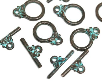 5 sets Copper Toggle clasps Green patina findings 14mm Small toggle clasp Greek metal casting patinated jewelry findings - F195