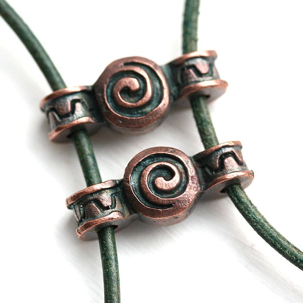 Two hole Antique Copper Connector, Spiral Ornament 2 hole connector, Greek copper metal casting findings for leather cord F634