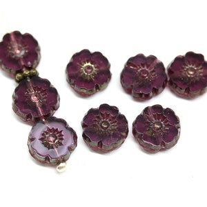8mm Hibiscus flower Czech glass pink floral green turquoise daisy picasso beads Purple/ luster