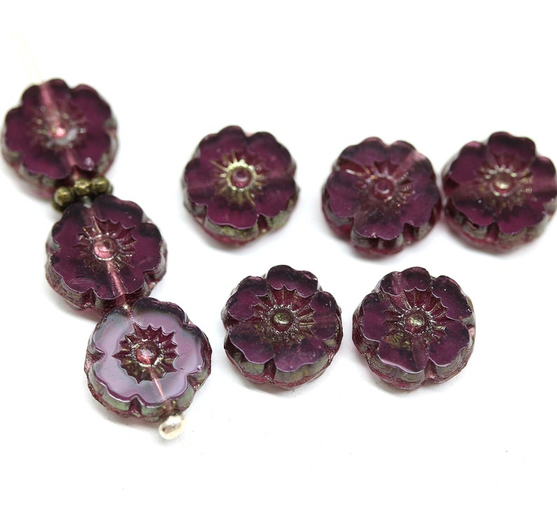 8mm Hibiscus flower Czech glass pink floral green turquoise daisy picasso beads Purple/ luster