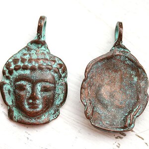 Buddha face pendant, Green patina on copper buddha charm, yoga jewelry, tibetan charm 1pc F121 image 2