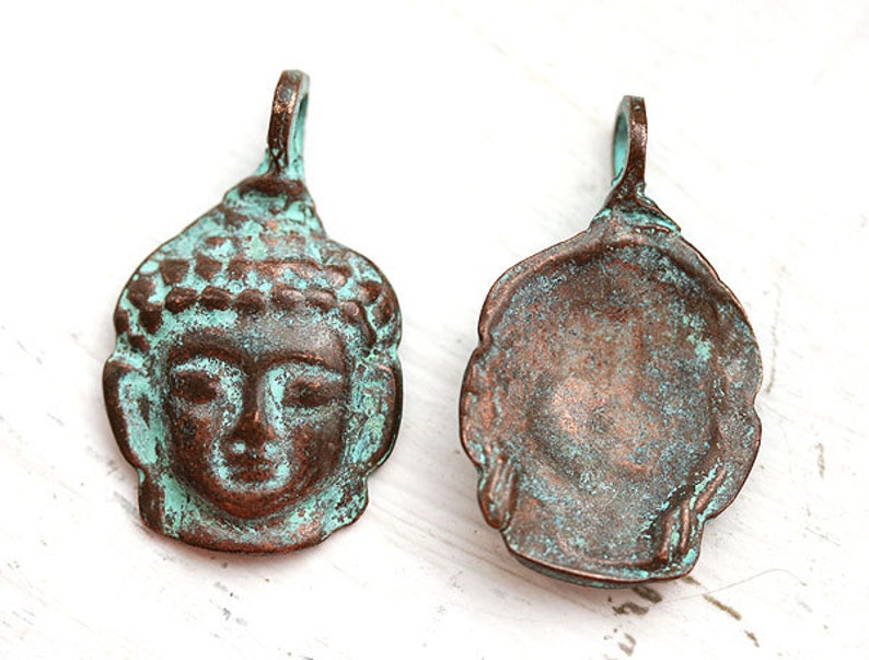 Buddha face pendant, Green patina on copper buddha charm, yoga jewelry, tibetan charm 1pc F121 image 2