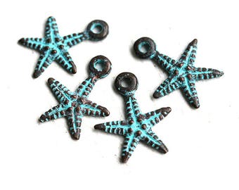 Copper Starfish charm Verdigris Green patina Greek metal starfish bead nautical beach jewelry making - 18mm - 4Pc - F005