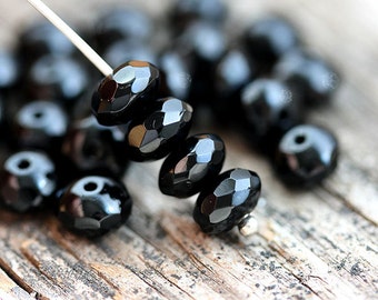 4x7mm Black spacer czech glass beads, Black gemstone cut fire polished faceted rondelle beads, 25pc - 3973