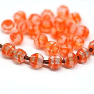 Orange Striped Czech Glass Melon Beads: 6mm, 30pc