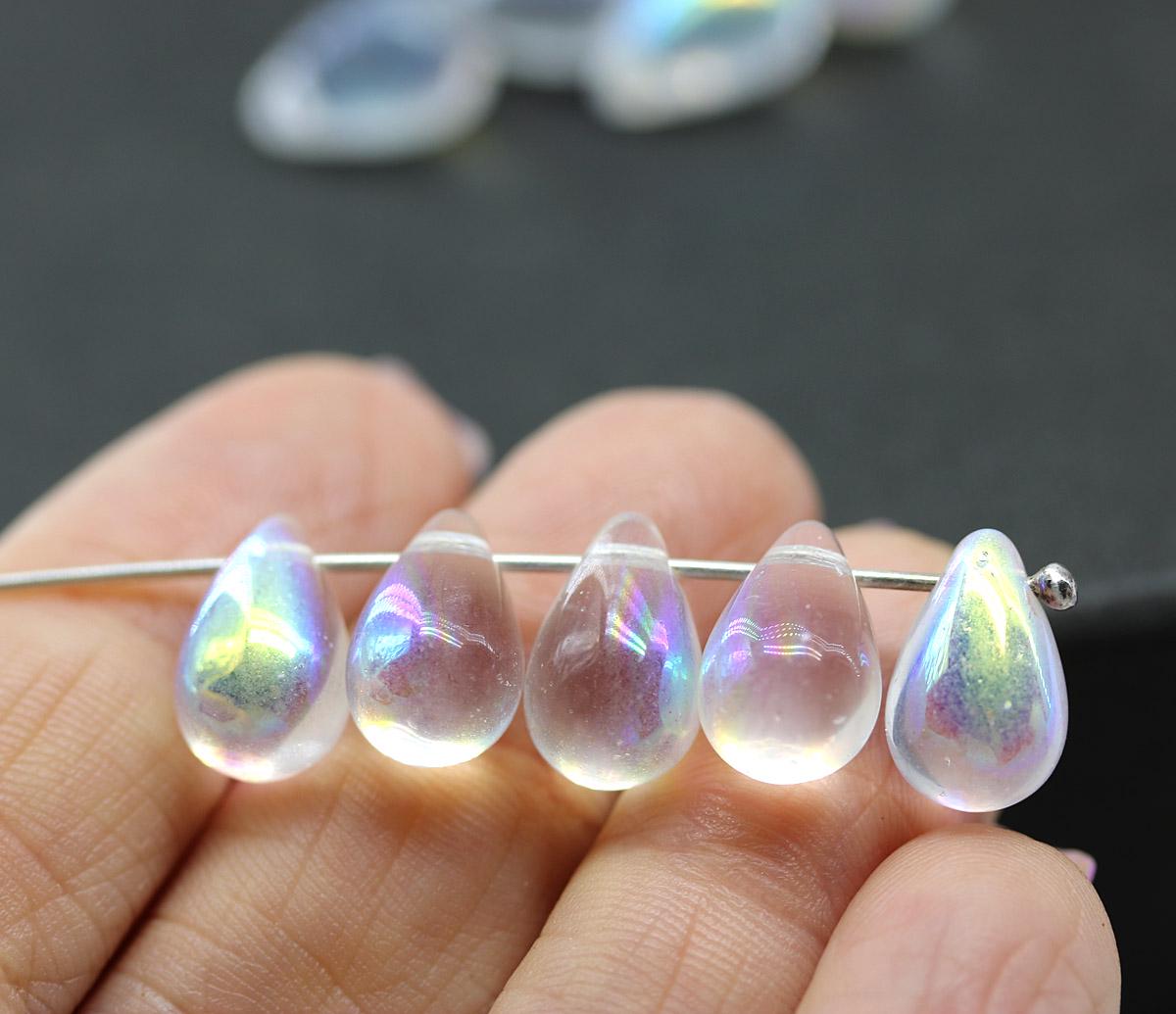 Crystal Czech Glass Teardrop Beads: Clear AB Finish, Top Drilled