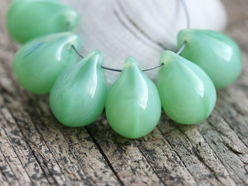 Jade green teardrops, Large czech glass drops briolettes, green raindrop 10x14mm 6Pc 0024 image 1