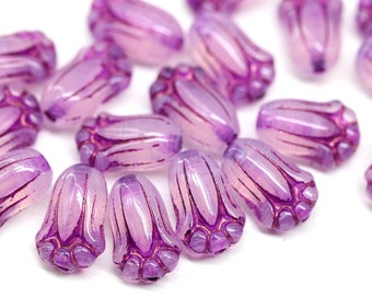 12x8mm Mauve pink tulip beads Czech glass flower tulip Pink floral beads, 20Pc - 1936