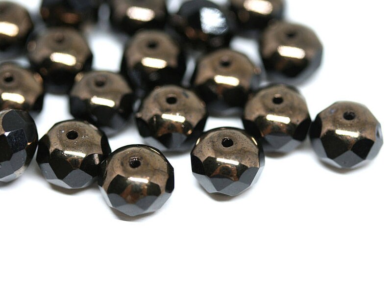 12Pc 1809 Black rondelle bead Black czech glass beads Dark Gold luster 6x8mm gemstone cut fire polished rondels
