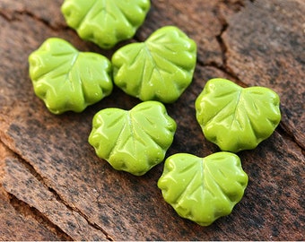 Light green maple leaves, Czech glass leaf beads 11x13mm - 10Pc - 1934