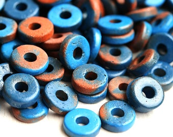 Blue Orange rondelle beads Greek Ceramic beads rondels Dark blue spacers washer, 8mm - 25pc - 0696