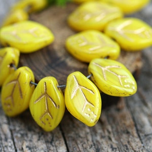 12x7mm Yellow Leaf beads Golden Inlays Czech glass pressed yellow leaves top drilled 25Pc 1077 image 3