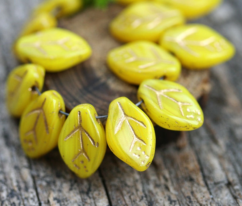 12x7mm Yellow Leaf beads Golden Inlays Czech glass pressed yellow leaves top drilled 25Pc 1077 image 3