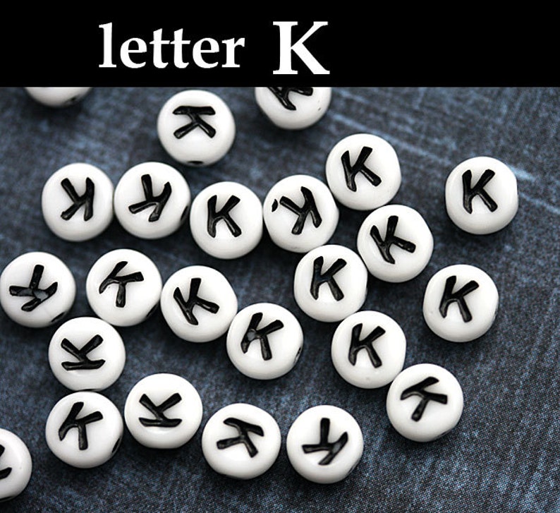 Glass Alphabet Beads letter K white with black inlay, czech glass, personalized beads, 6mm 25pc 2440 image 1