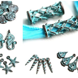 May include: Assortment of turquoise blue metal charms with sea life themes.  Includes seahorse, starfish, and spiral shell designs.  Perfect for jewelry making or crafting.