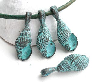 Green Patina Cone Shell Charms: Copper Seashell Beads (4Pc)