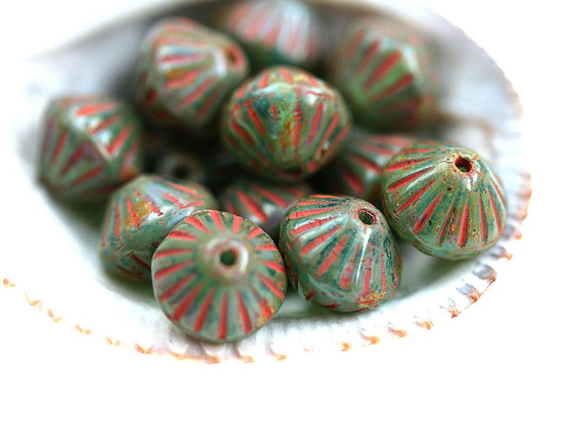 9mm Picasso Green Bicone beads Rustic czech glass carved aged beads 2898 15Pc