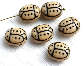 Ladybug beads, Beige and black inlays, Czech glass ladybird bug pressed beads - 13x11mm - 6Pc - 2026