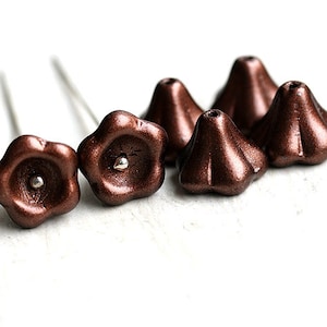 Dark Brown Puffy Flower beads - Chocolate Brown czech glass beads, Bell flower, 11x13mm, large flower - 6Pc - 0739