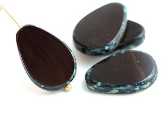 Very Dark Brown oval teardrop beads, Flat Drop, Picasso fire polished brown czech glass beads - 18x12mm - 1884